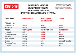 ОСНОВНЫЕ РАЗЛИЧИЯ МЕЖДУ СИМПТОМАМИ COVID-19, ПРОСТУДНЫХ ЗАБОЛЕВАНИЙ И ГРИППА